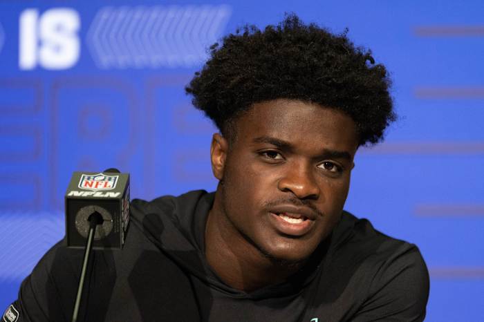 Auburn defensive back Roger Mccreary (DB25) talks to the media during the 2022 NFL Scouting Combine at Lucas Oil Stadium.